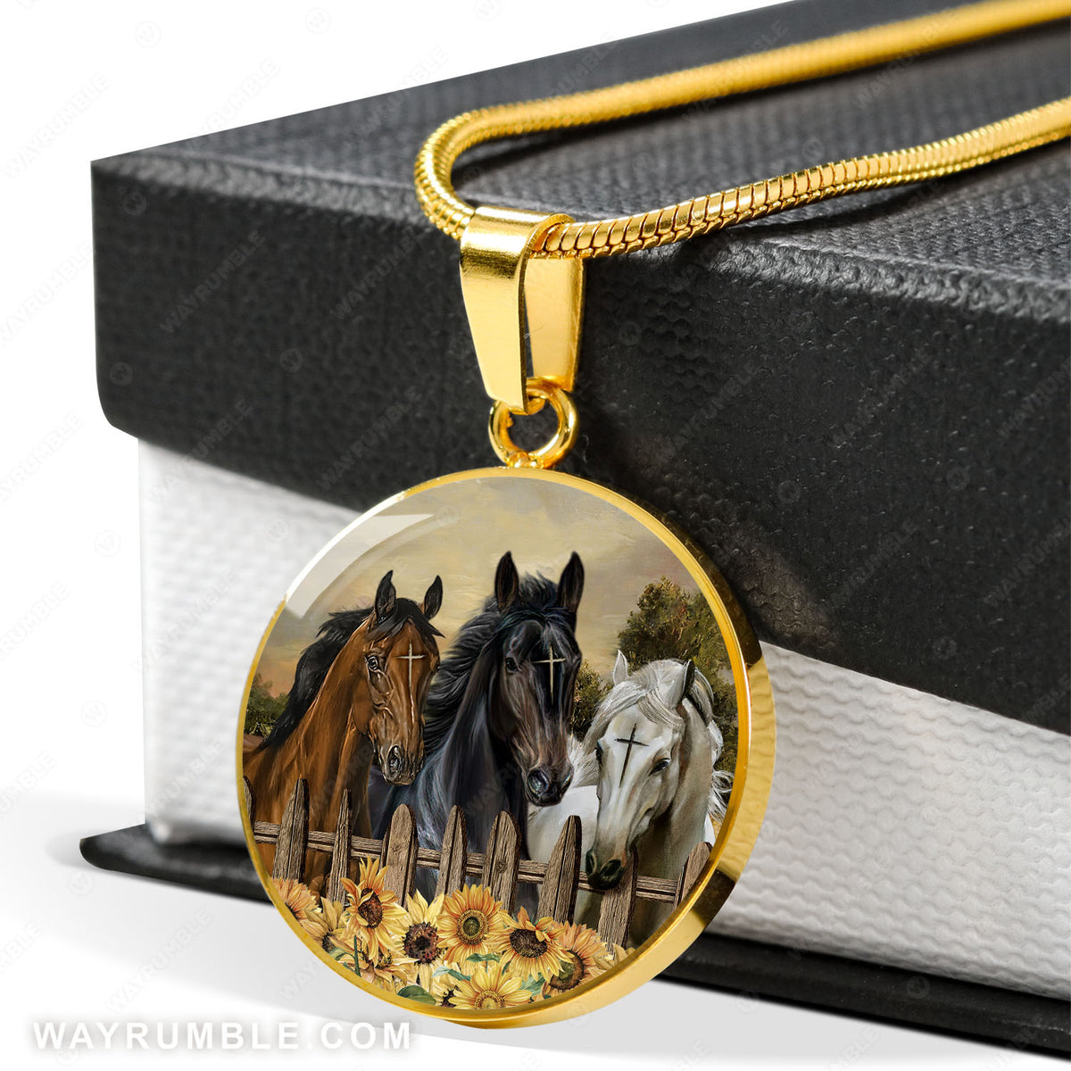 Quarter horses, Wooden fence, Sunflower painting - Jesus Circle Necklace