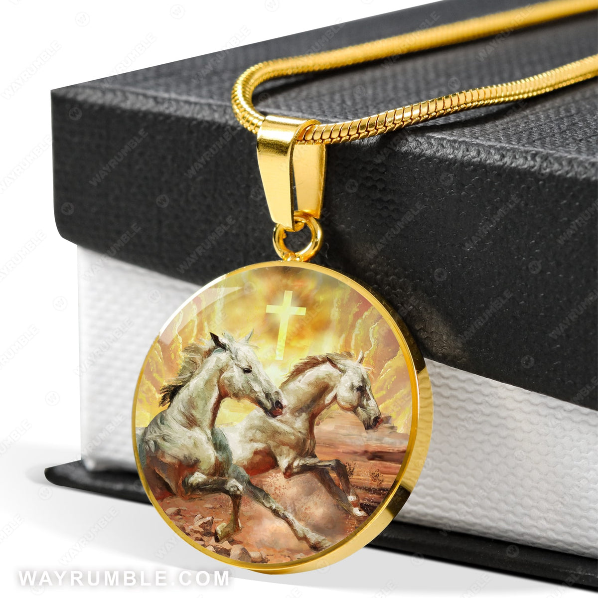 Crazy horses, Orange sunset, Cross symbol, Jesus painting - Jesus Circle Necklace