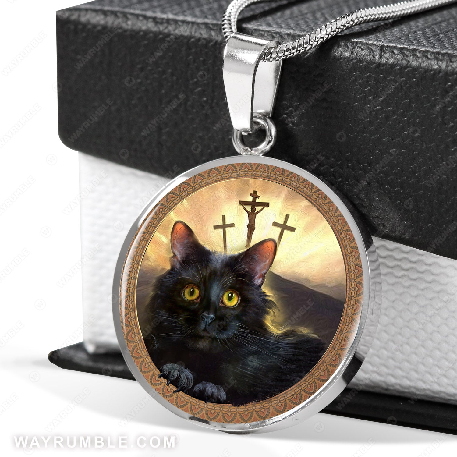 Cute black cat, Wooden cross, Beautiful sunset - Jesus Circle Necklace