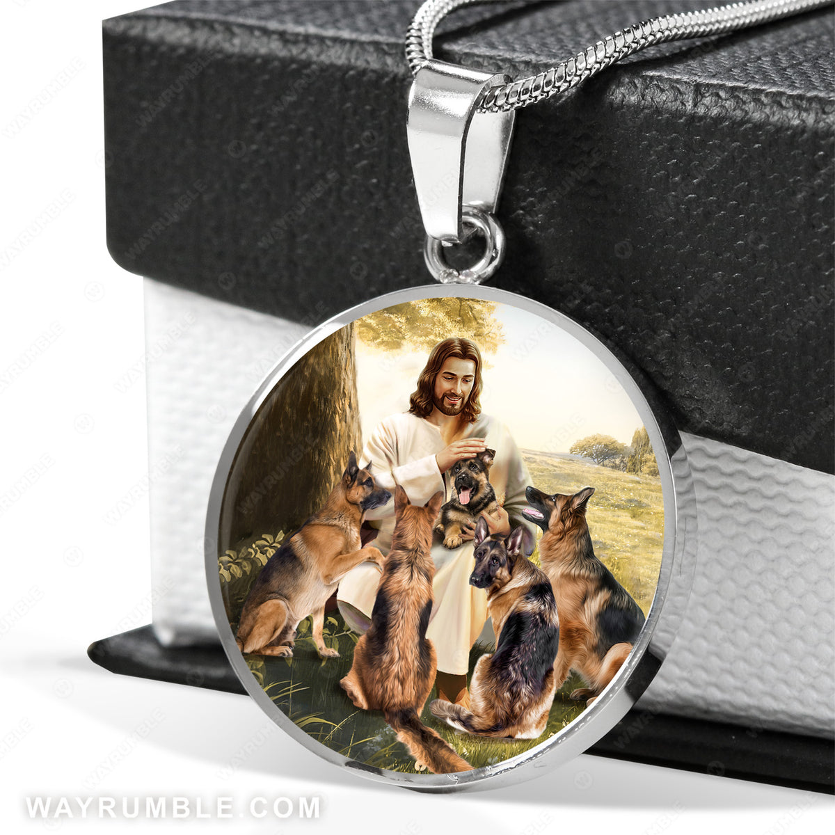 Jesus painting, German shepherd dogs, Meadow land - Jesus Circle Necklace