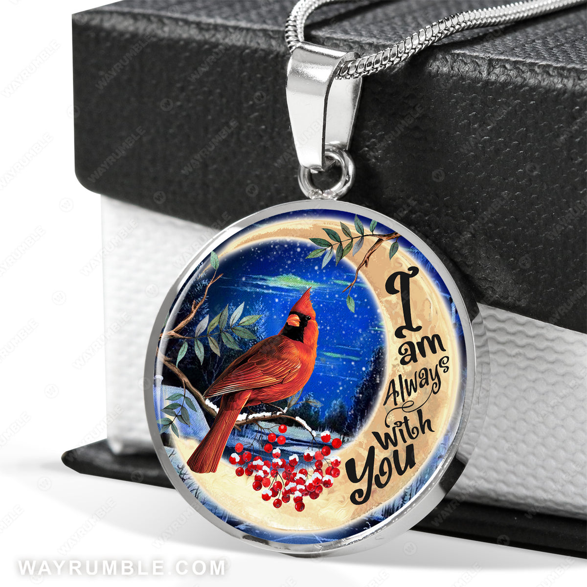 Red cardinal drawing, Moon painting, Blue night, Cranberry, I am always with you - Jesus Circle Necklace