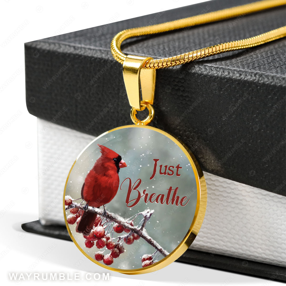 Watercolor cardinal, Frozen cranberry, Winter drawing, Just breathe - Jesus Circle Necklace