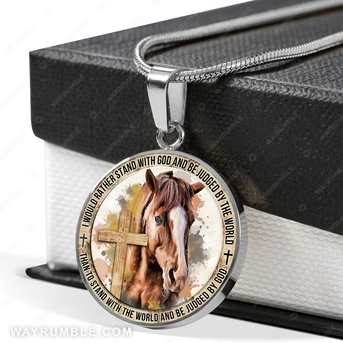 Horse painting, Wooden cross, I would rather stand with God - Jesus Circle Necklace