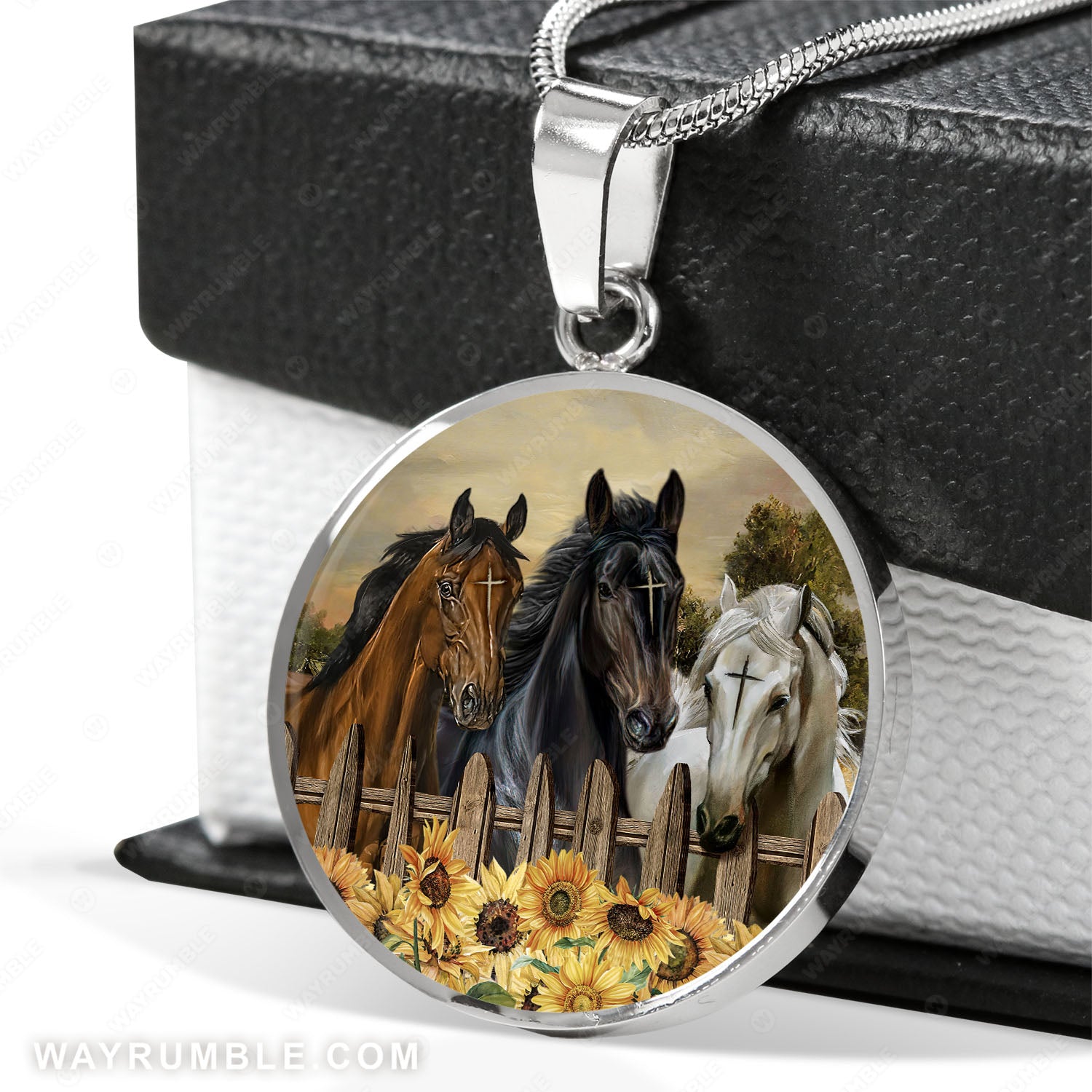 Quarter horses, Wooden fence, Sunflower painting - Jesus Circle Necklace