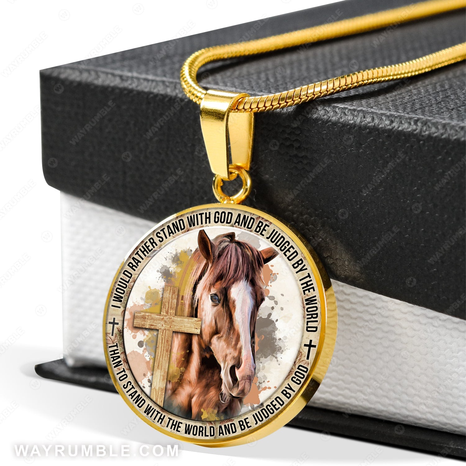 Horse painting, Wooden cross, I would rather stand with God - Jesus Circle Necklace