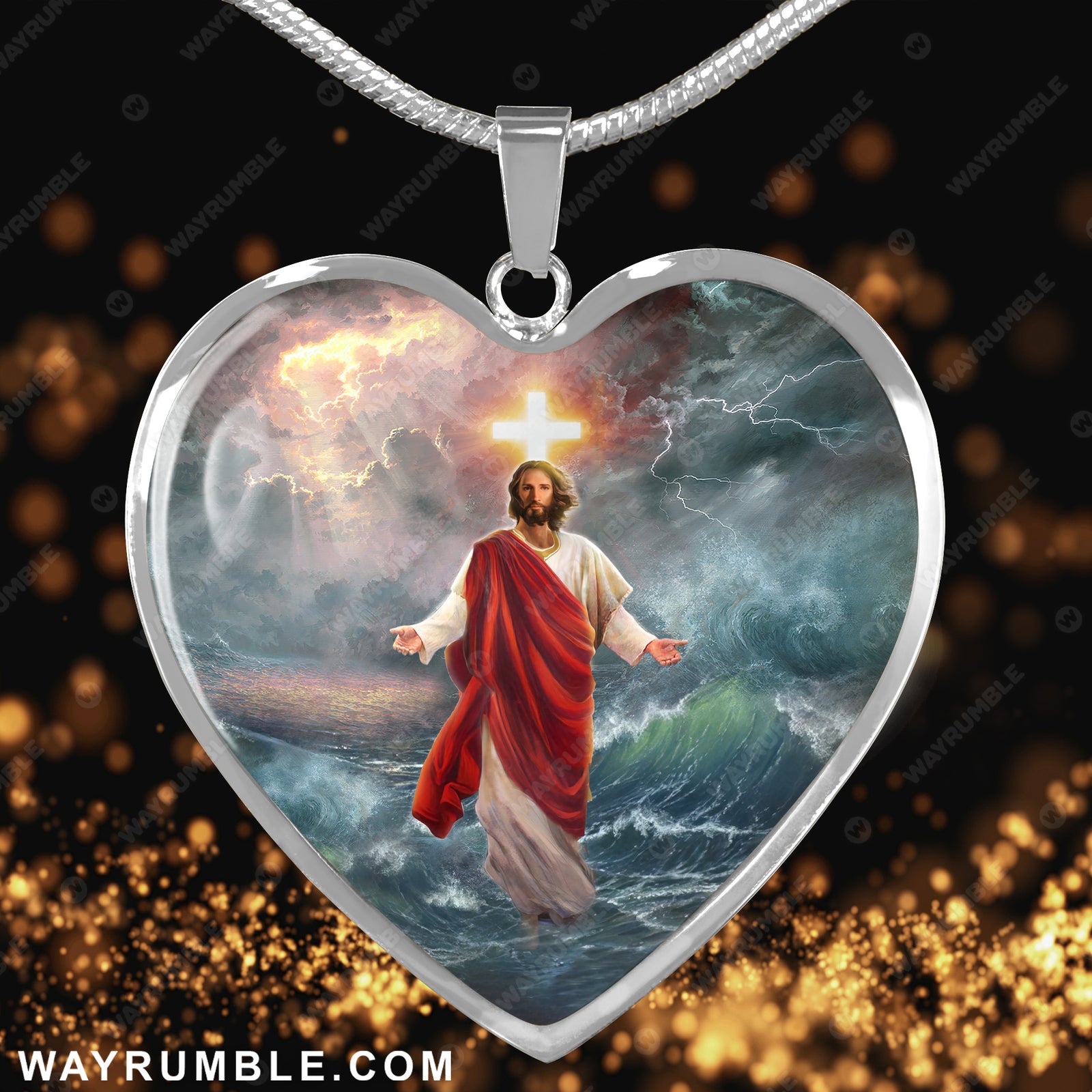 Jesus painting,  Jesus walks on water, Jesus saves us all - Jesus Heart Necklace