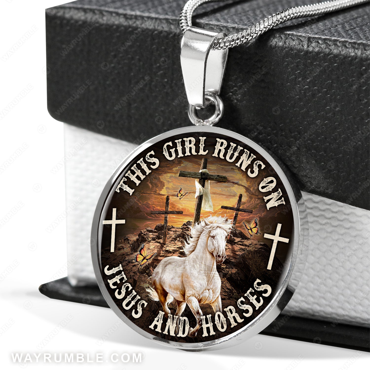 White horse painting, The rugged cross, This girl runs on Jesus and horse - Jesus Circle Necklace