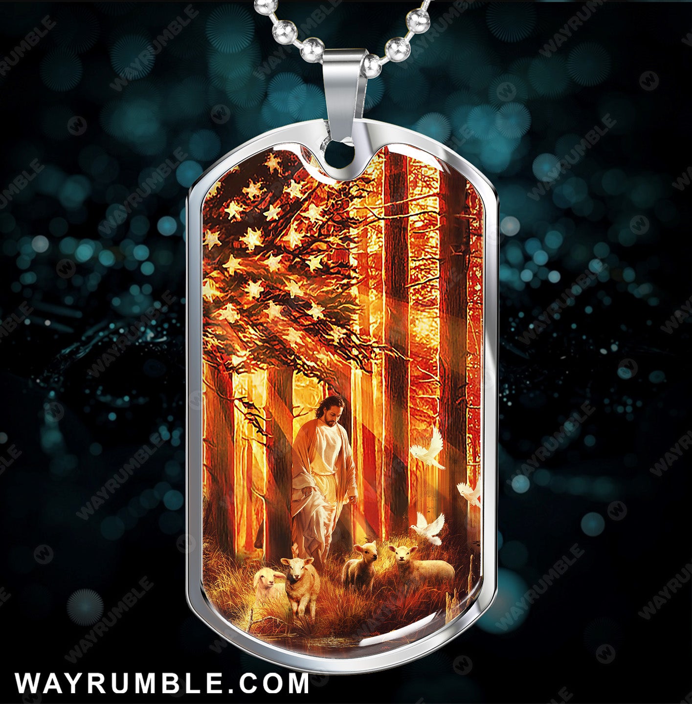 Jesus painting, Walking with the lambs - Jesus, US Flag Dog tag