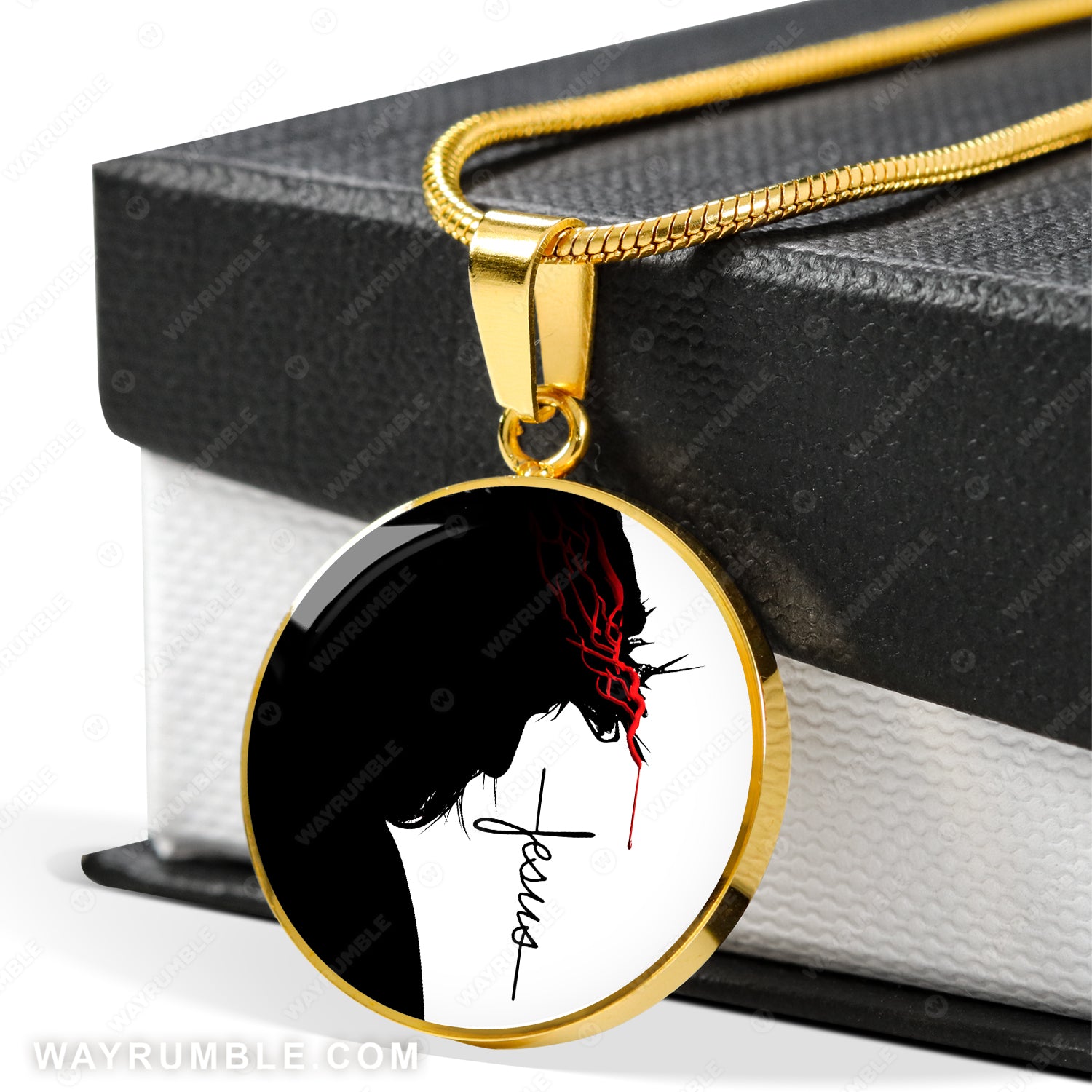 Jesus silhouette, Crown of thorns and blood -Jesus Circle Necklace