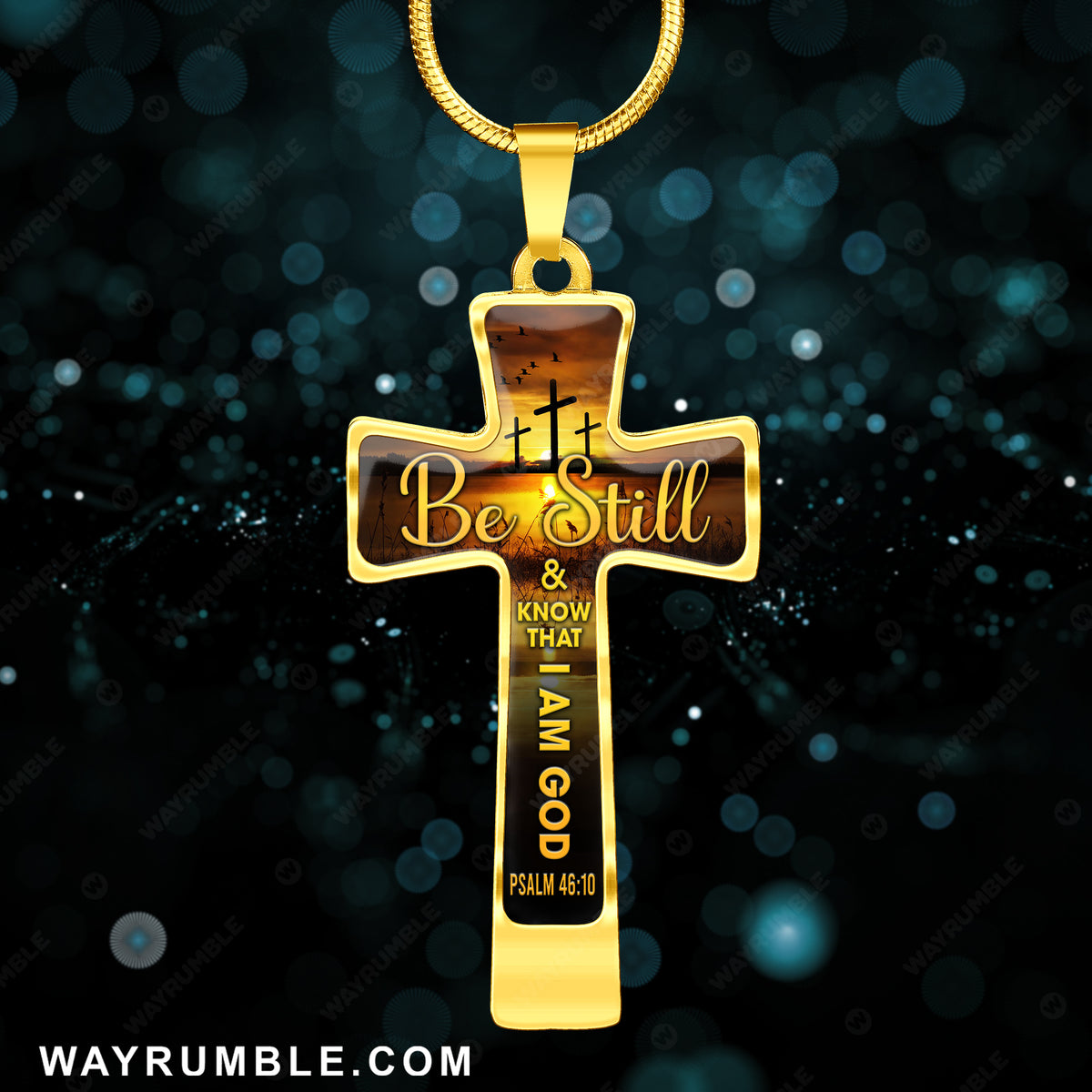 Sunset on the river, Old rugged crosses, Be still and know that I am God - Jesus Cross Necklace