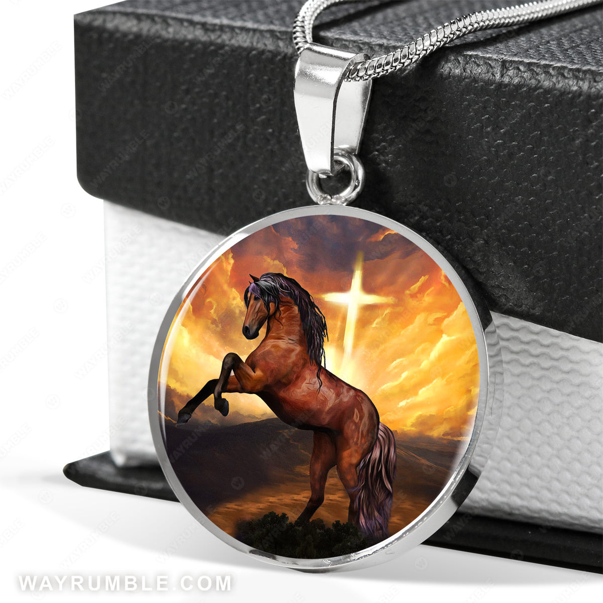 Horse painting, Beautiful sunset, The cross light - Jesus Circle Necklace