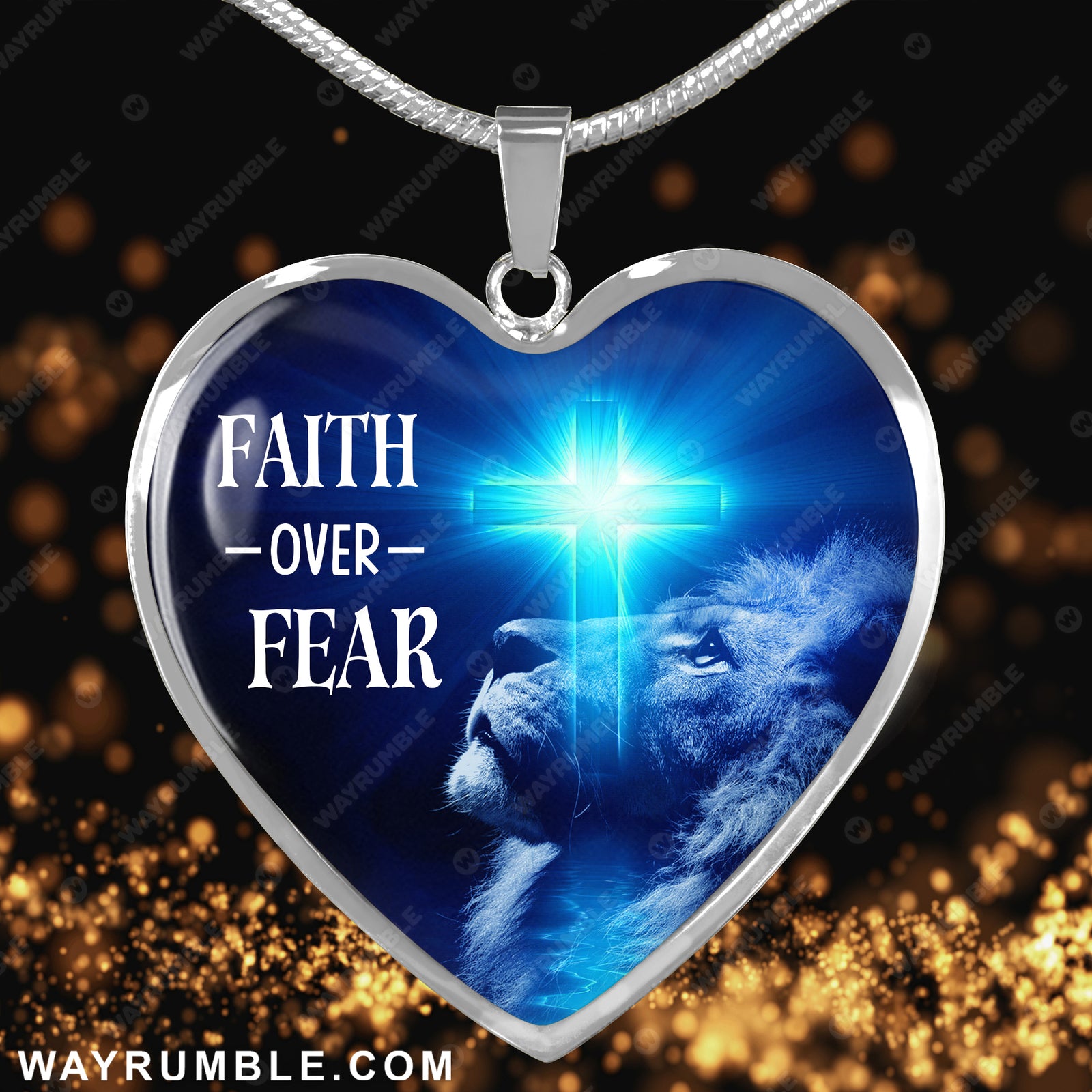 Lion of Judah, Blue cross light, Faith over fear - Jesus Heart Necklace