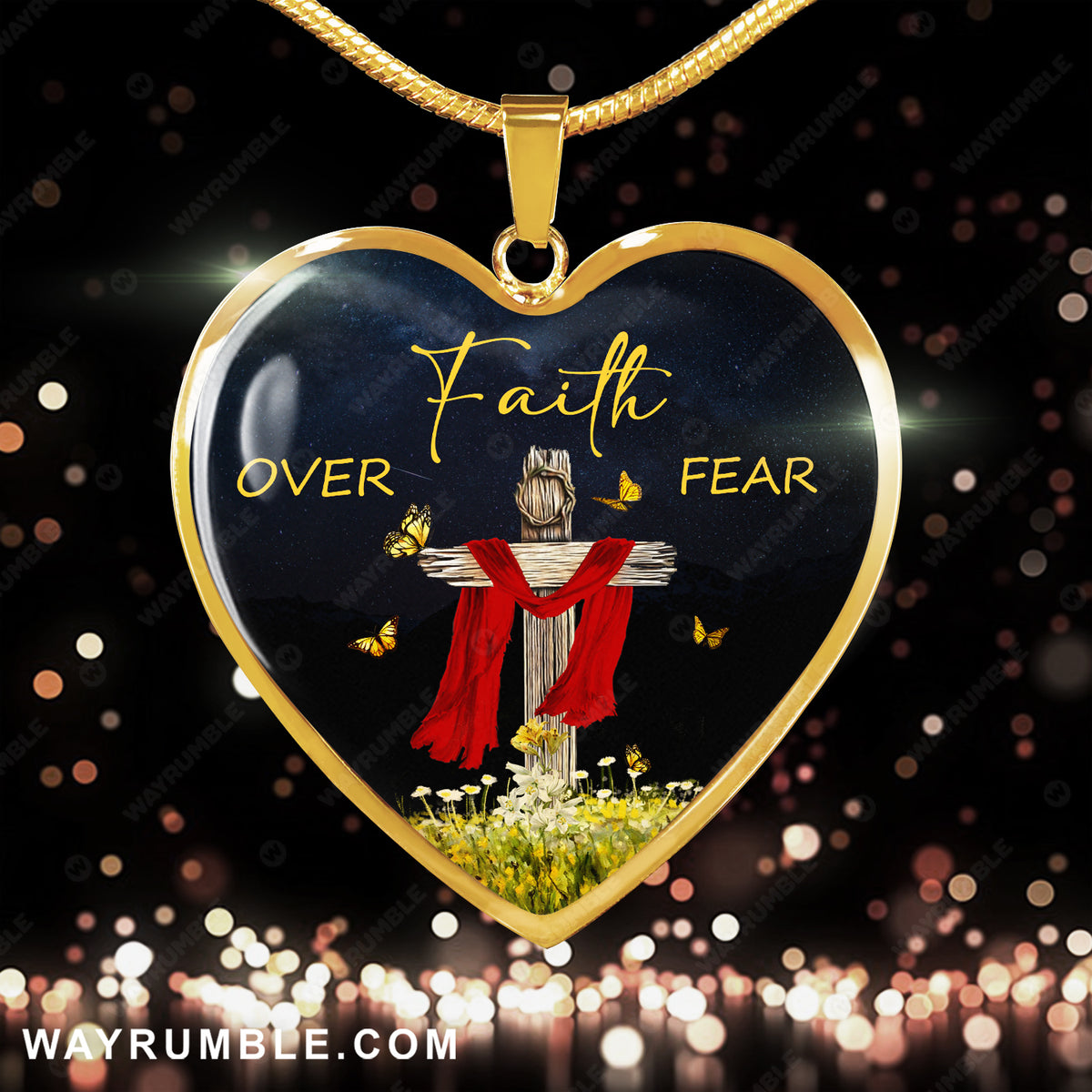 The rugged cross, Flower field, Faith over fear - Jesus Heart Necklace