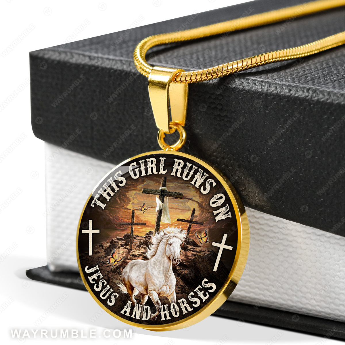 White horse painting, The rugged cross, This girl runs on Jesus and horse - Jesus Circle Necklace