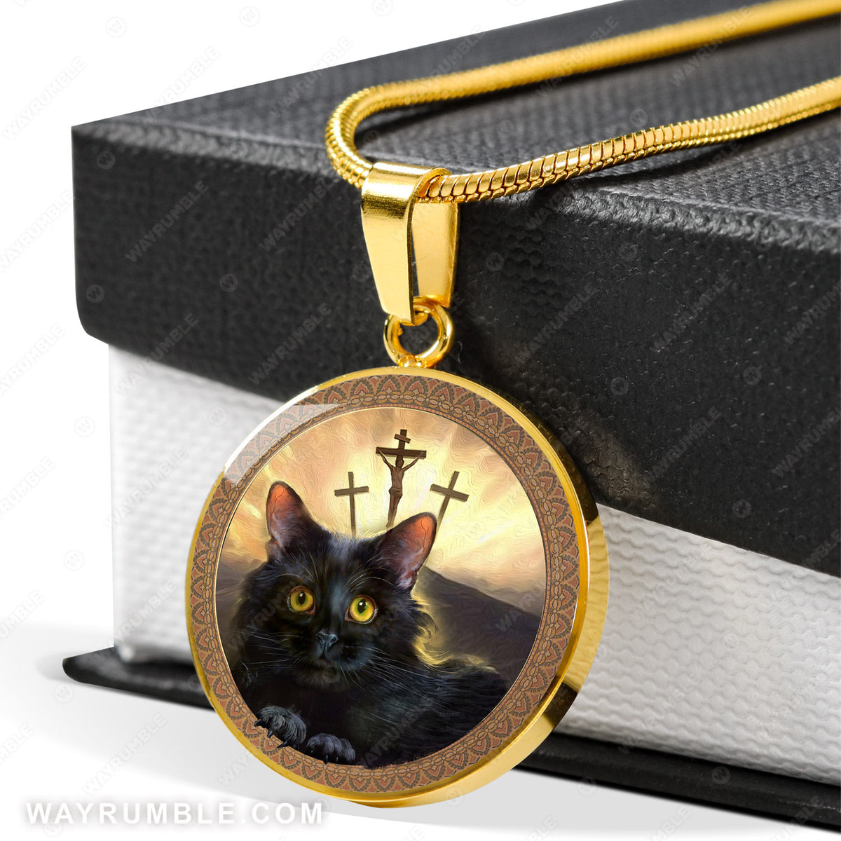 Cute black cat, Wooden cross, Beautiful sunset - Jesus Circle Necklace