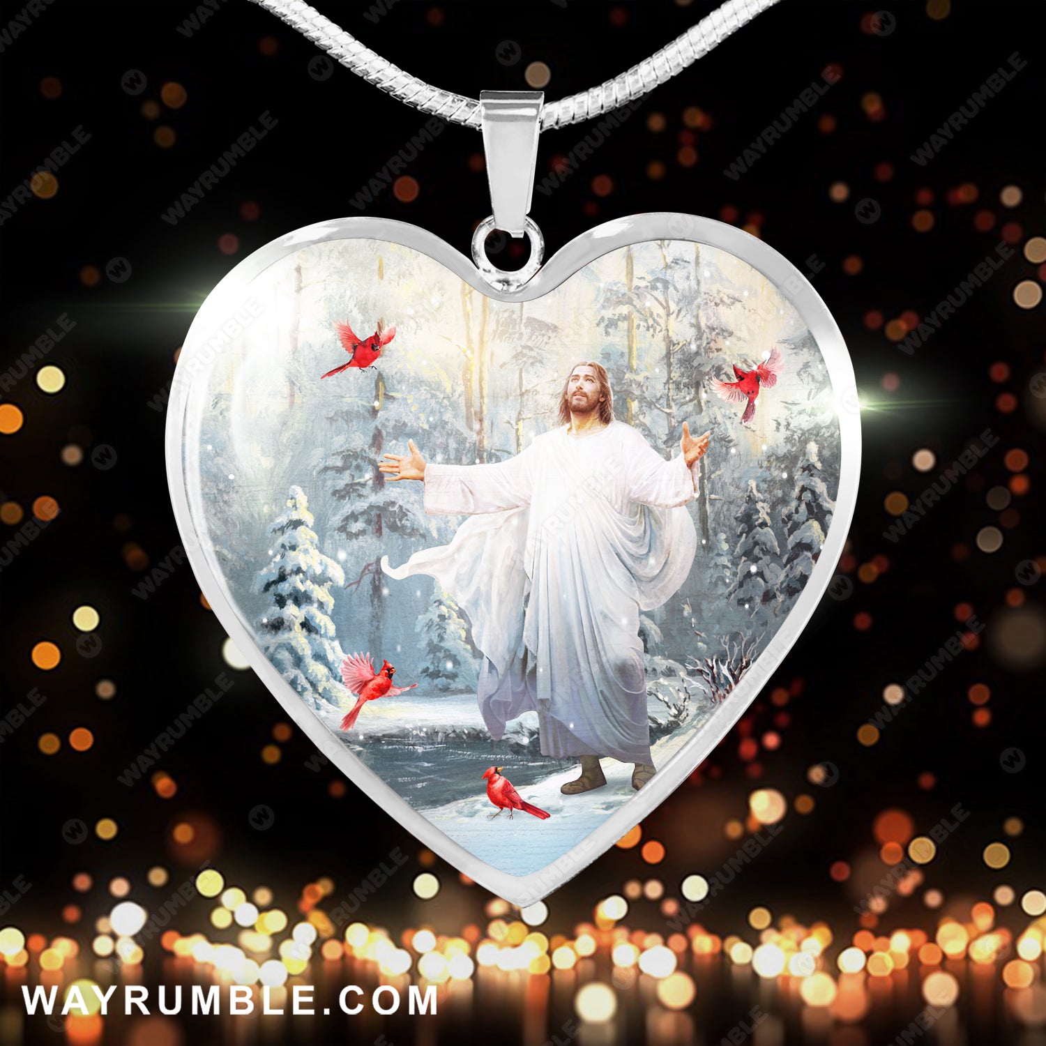 Jesus painting, Cardinal painting, Walking with Jesus, Into the winter forest - Jesus Heart Necklace