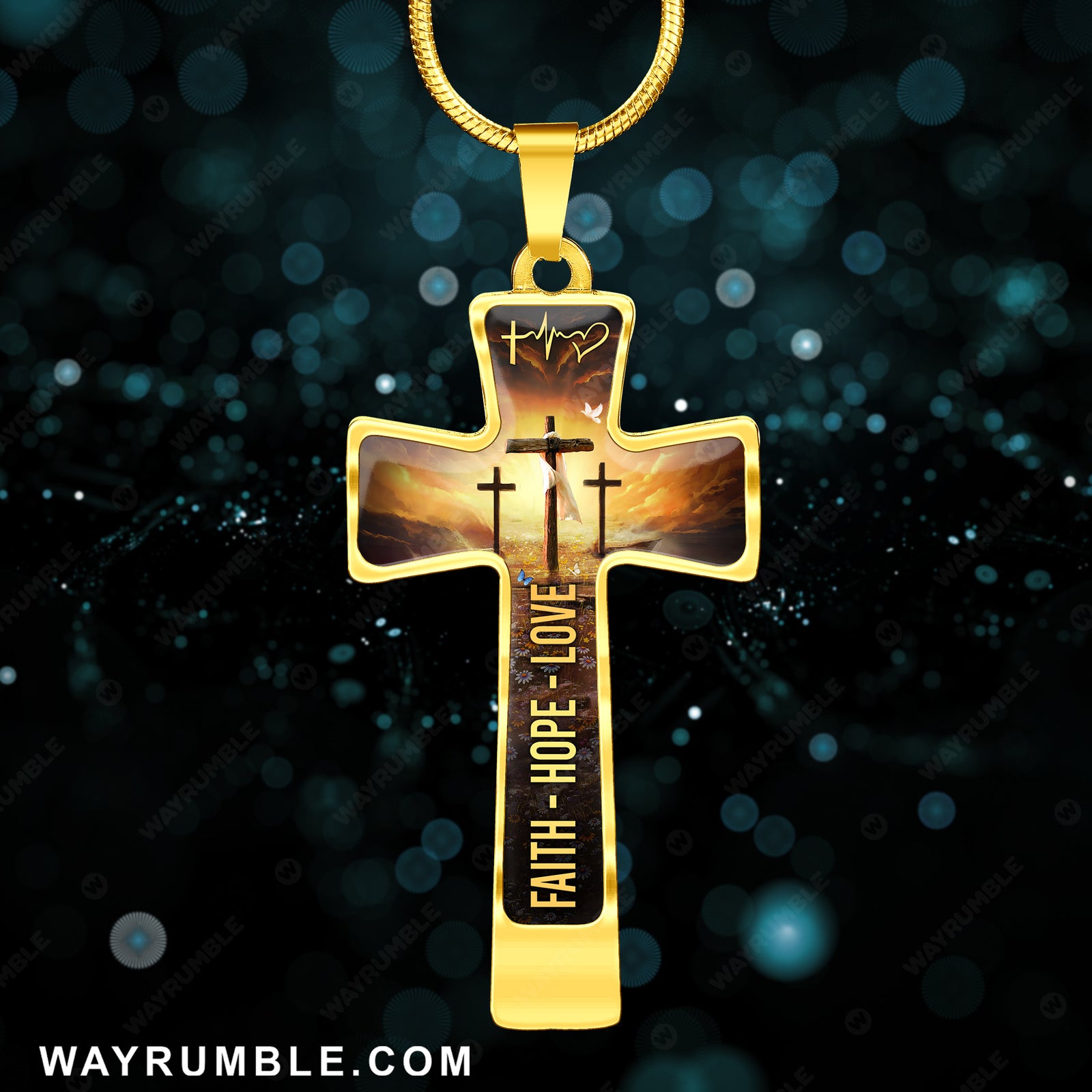 Sunset painting, Path to heaven, The three crosses - Jesus Cross Necklace