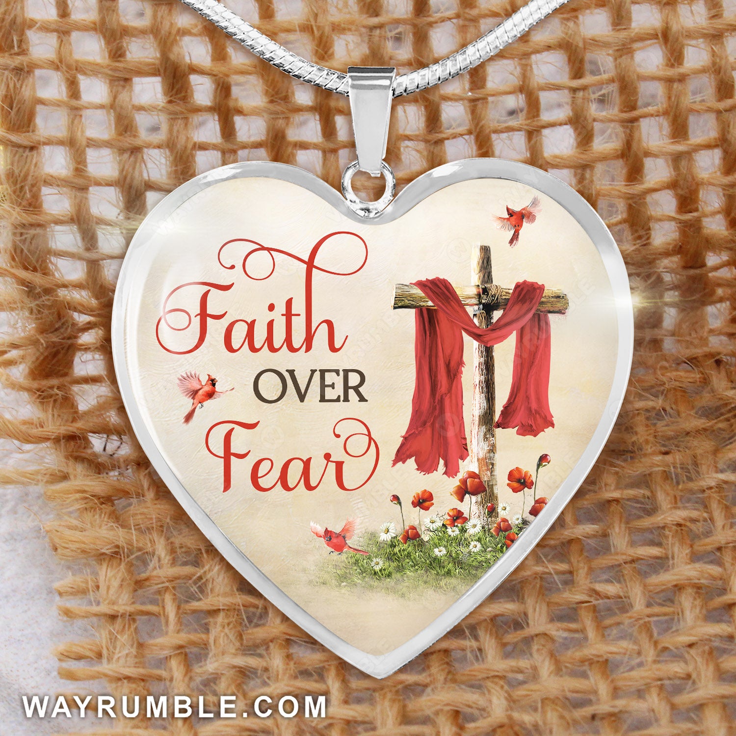 Wooden cross, Red cardinal, Poppy painting, Faith over fear - Jesus Heart Necklace
