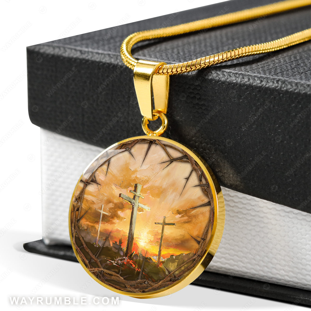 Crown of thorn, Wooden cross, Infinite halo - Jesus Circle Necklace