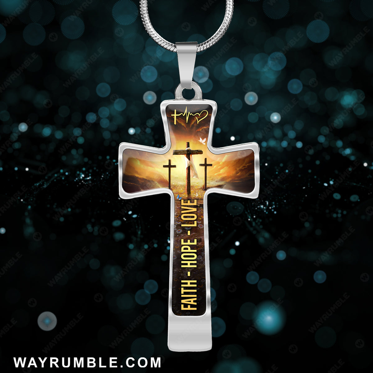 Sunset painting, Path to heaven, The three crosses - Jesus Cross Necklace