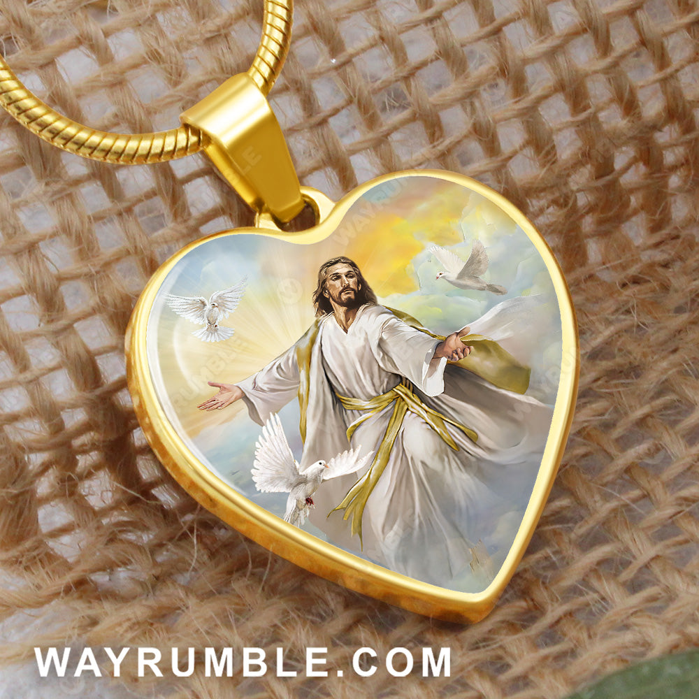 Jesus painting, White dove, Beautiful sunset, Walking with Jesus - Jesus Heart Necklace