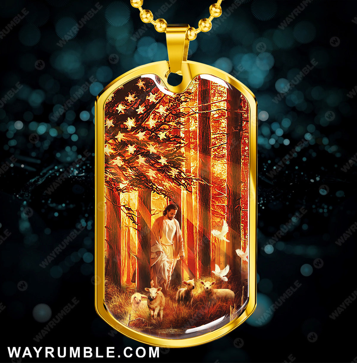 Jesus painting, Walking with the lambs - Jesus, US Flag Dog tag