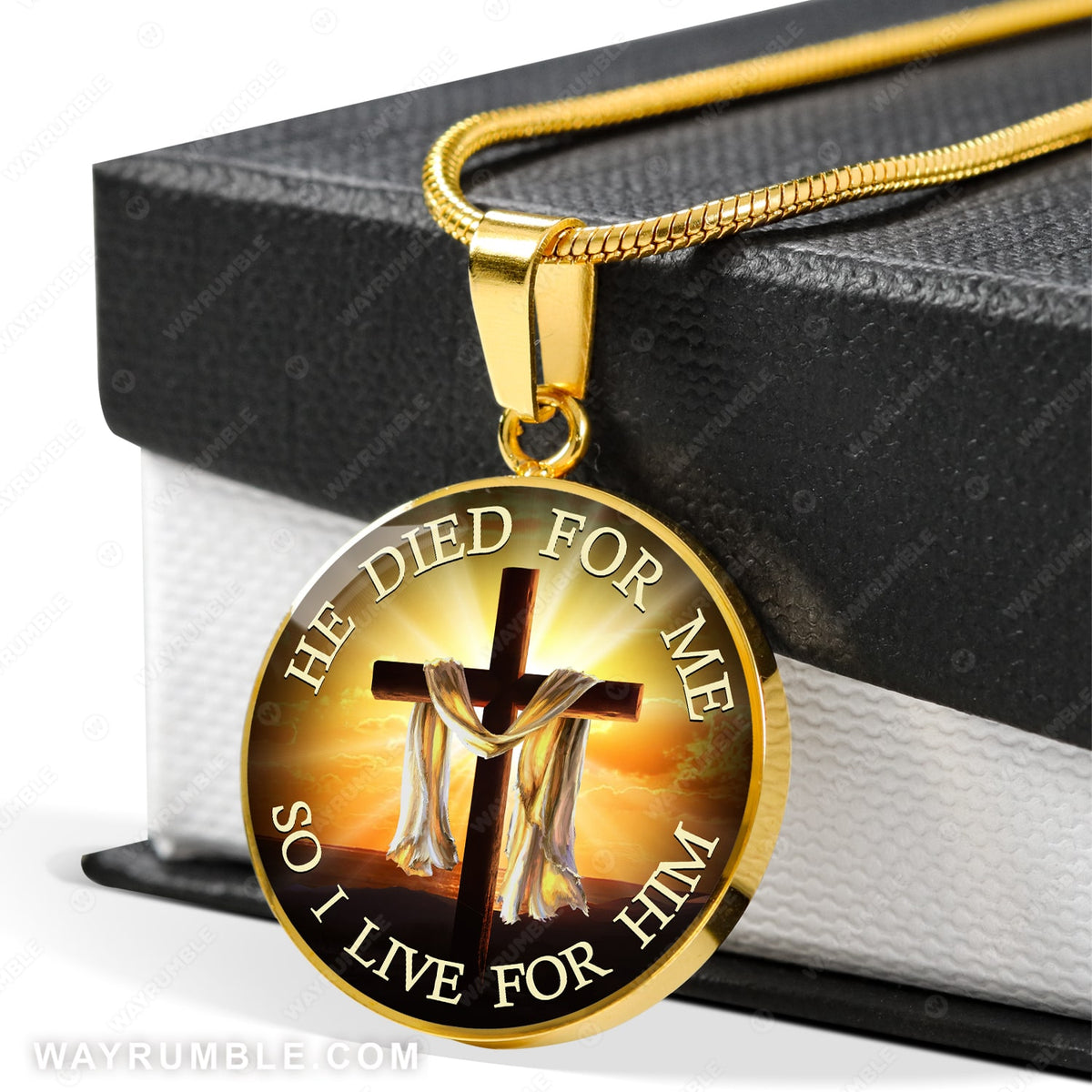 Wooden cross, Infinite halo, He died for me so I live for him - Jesus Circle Necklace