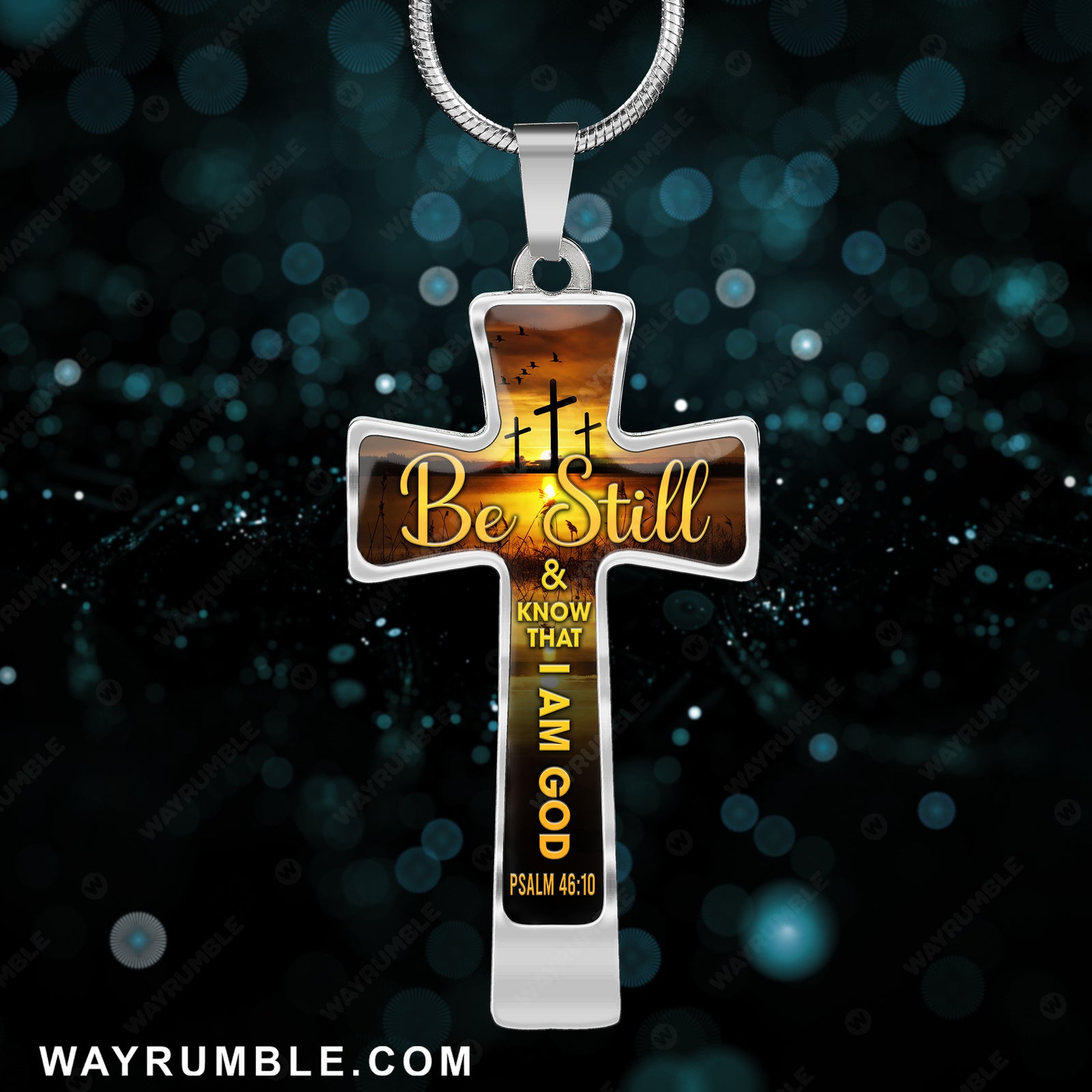 Sunset on the river, Old rugged crosses, Be still and know that I am God - Jesus Cross Necklace