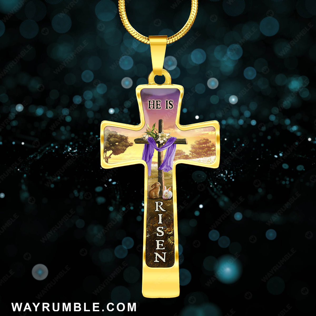 Cross symbol, Rabbit drawing, Meadow land, He is risen - Jesus Cross Necklace