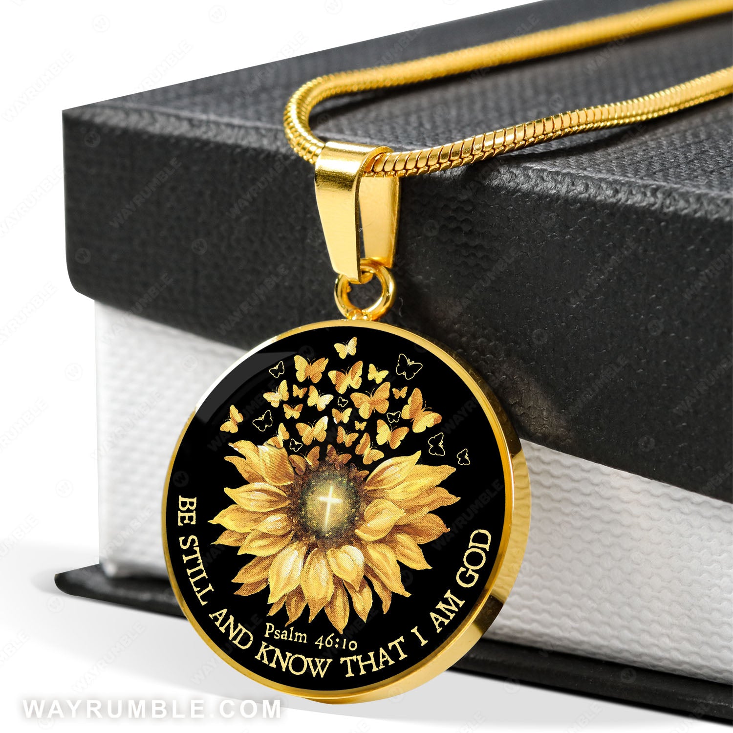 Big sunflower, Yellow butterfly, Cross symbol, Be still and know that I am God - Jesus Circle Necklace