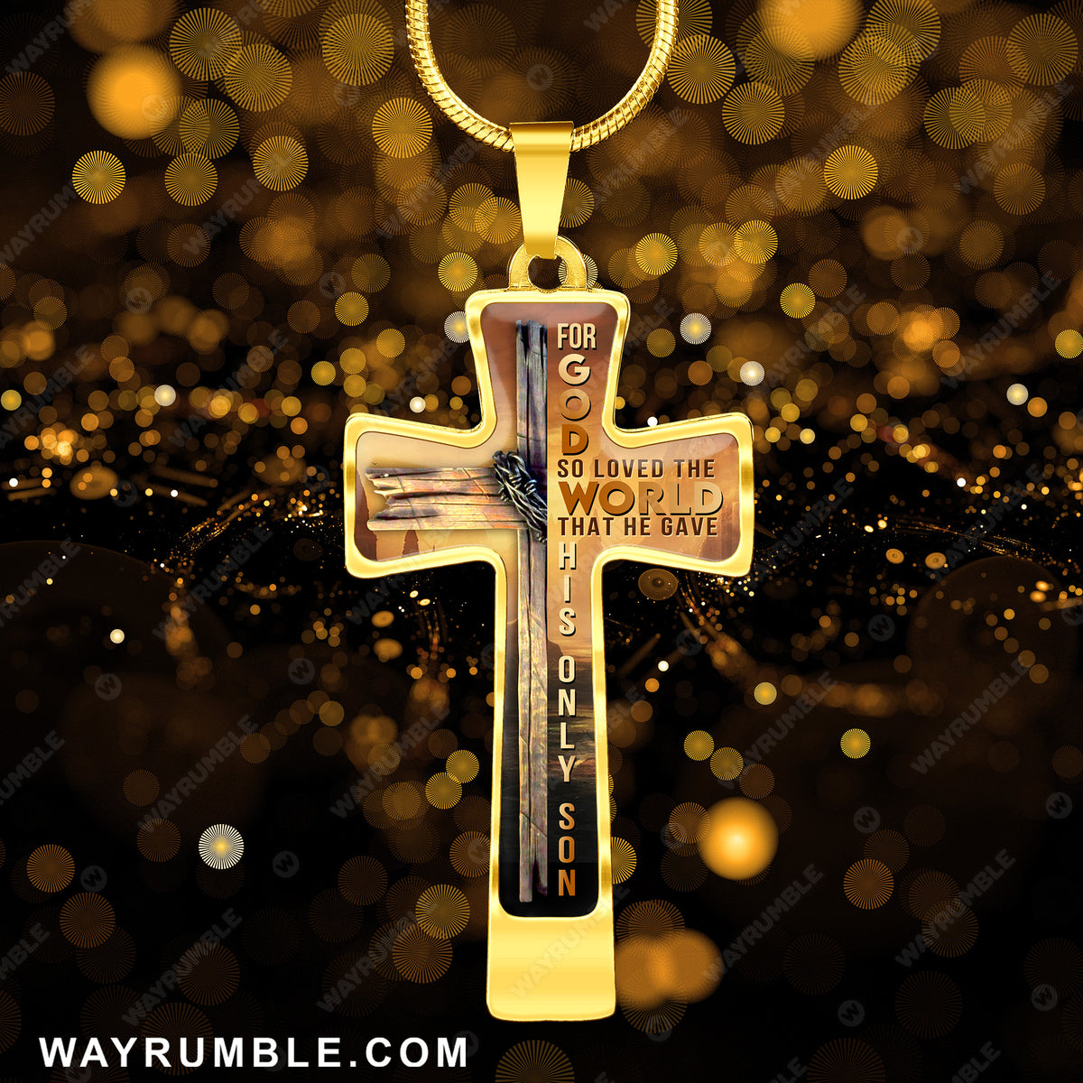 Wooden cross Orange sunset Mountain painting For God so loved the world Jesus Cross Necklace