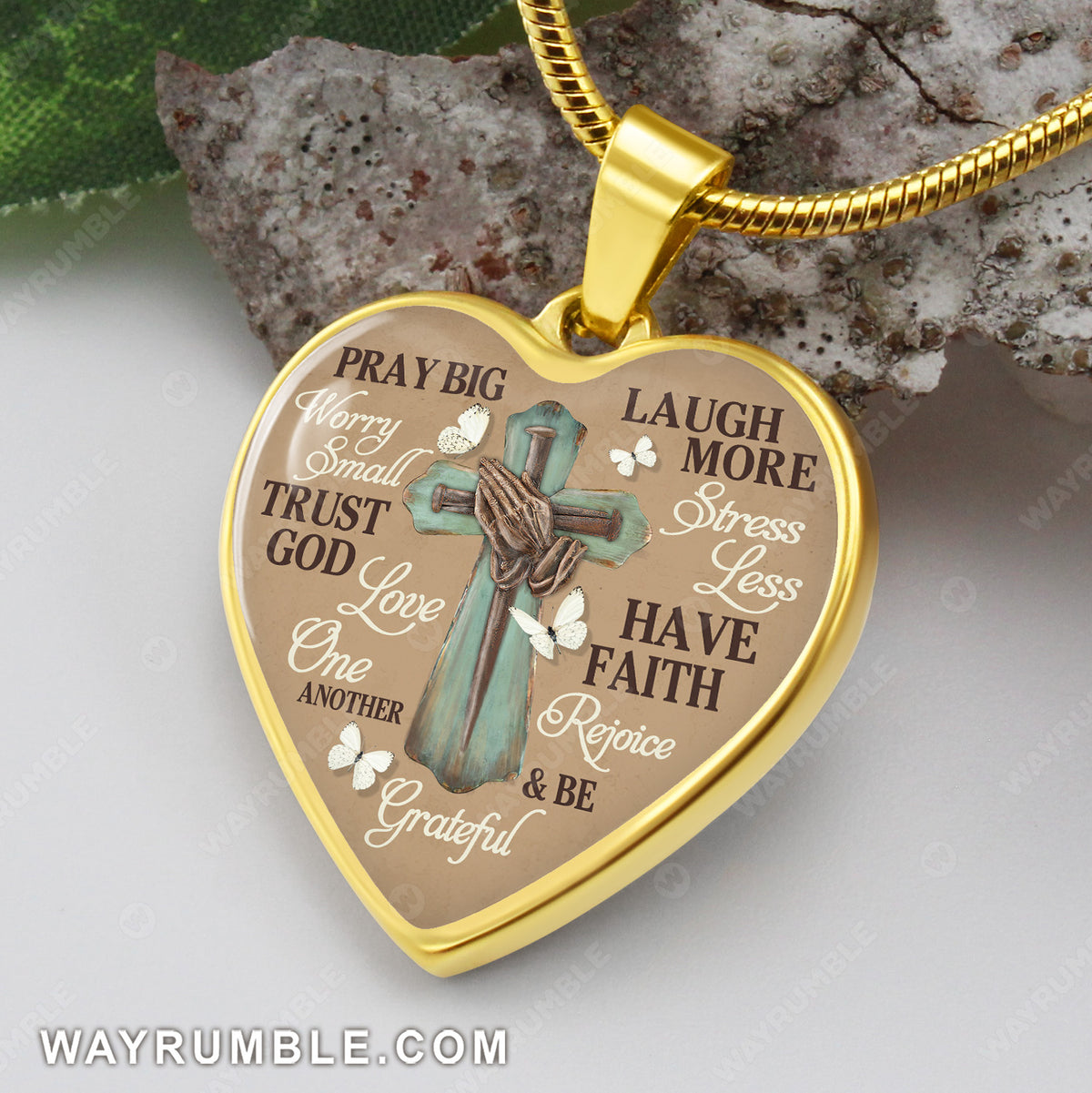 Praying hand, Wooden cross, White butterfly, Pray big, Worry small - Jesus Heart Necklace