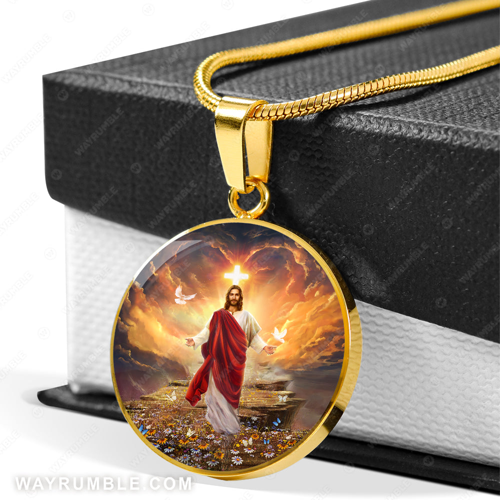 Window frame, Sunset painting, Path to heaven, Jesus painting, Into the arms of Jesus - Jesus Circle Necklace