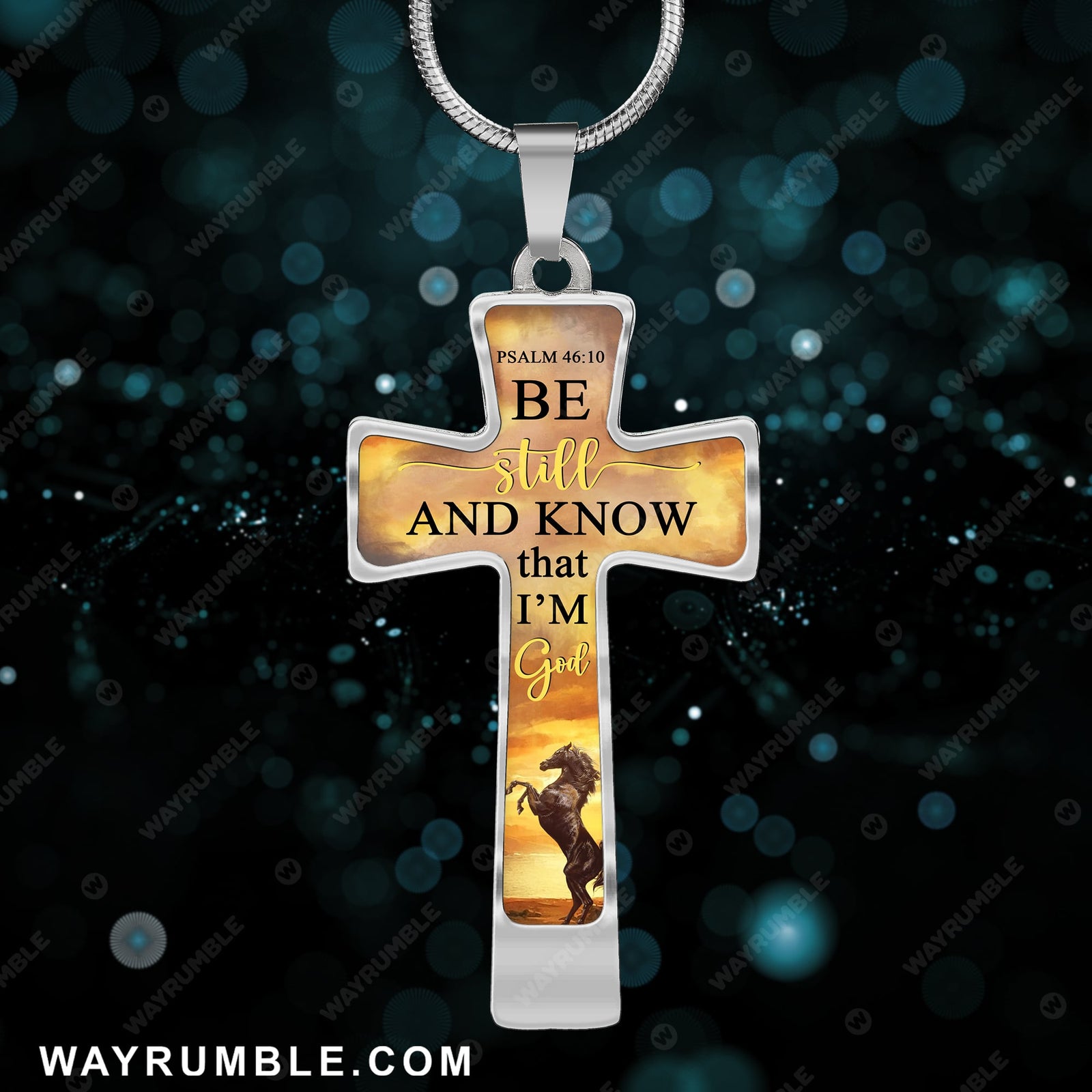 Horse under sunset, Be still and know that I'm God - Jesus Cross Necklace