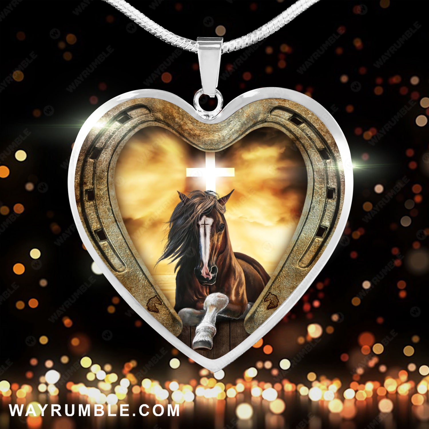 Horse drawing, Infinite halo, Cross symbol - Jesus Heart Necklace
