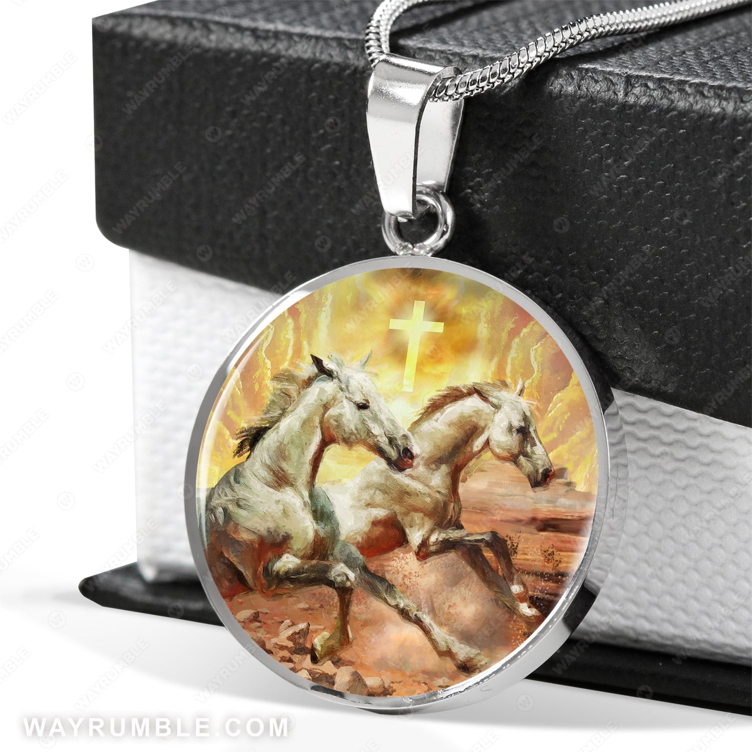 Crazy horses, Orange sunset, Cross symbol, Jesus painting - Jesus Circle Necklace