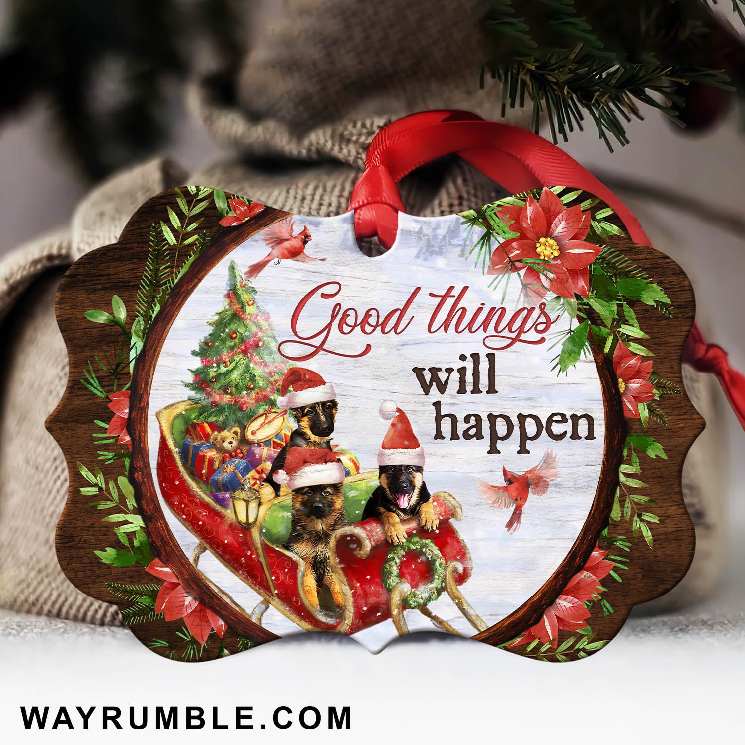 Jesus - German shepherd on reindeer car for Christmas - Good things will happen - Aluminum Ornament