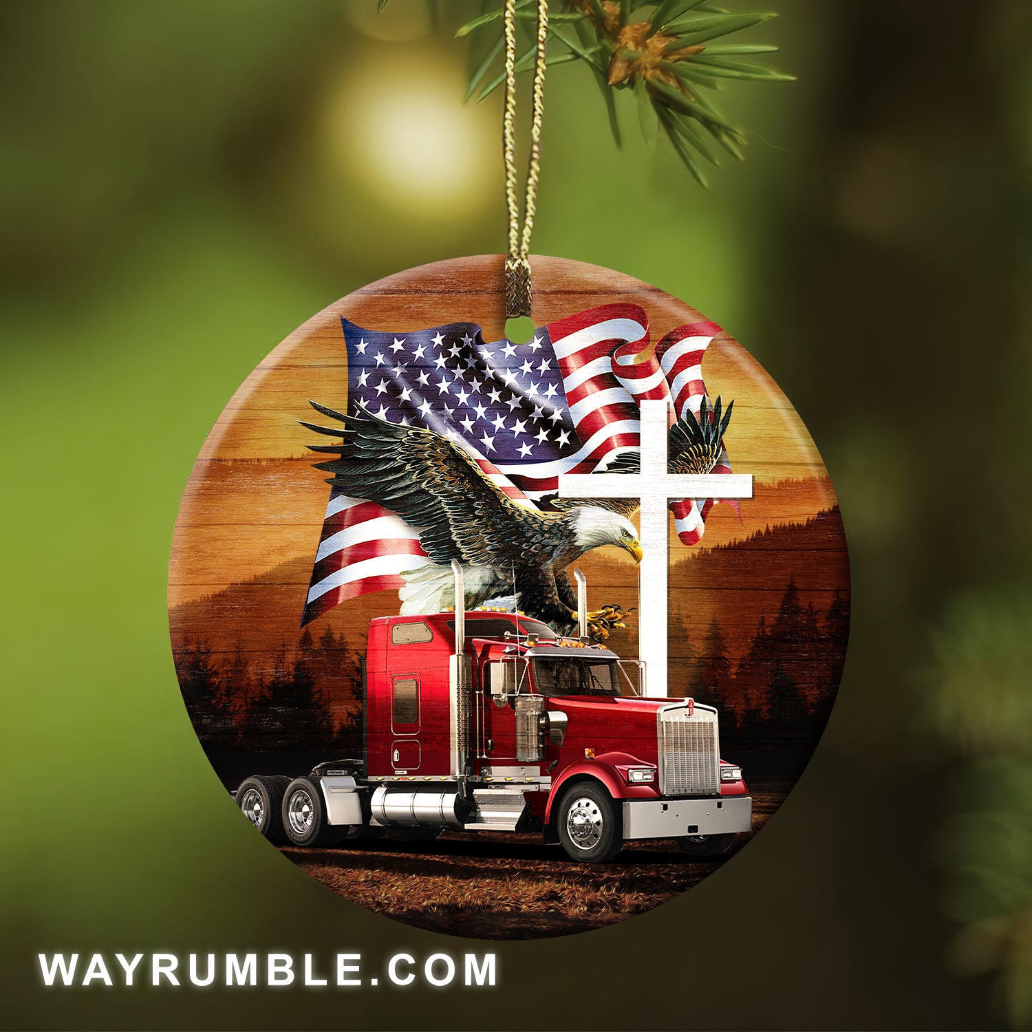 Jesus - Awesome Eagle and the Red truck - Circle Ceramic Ornament