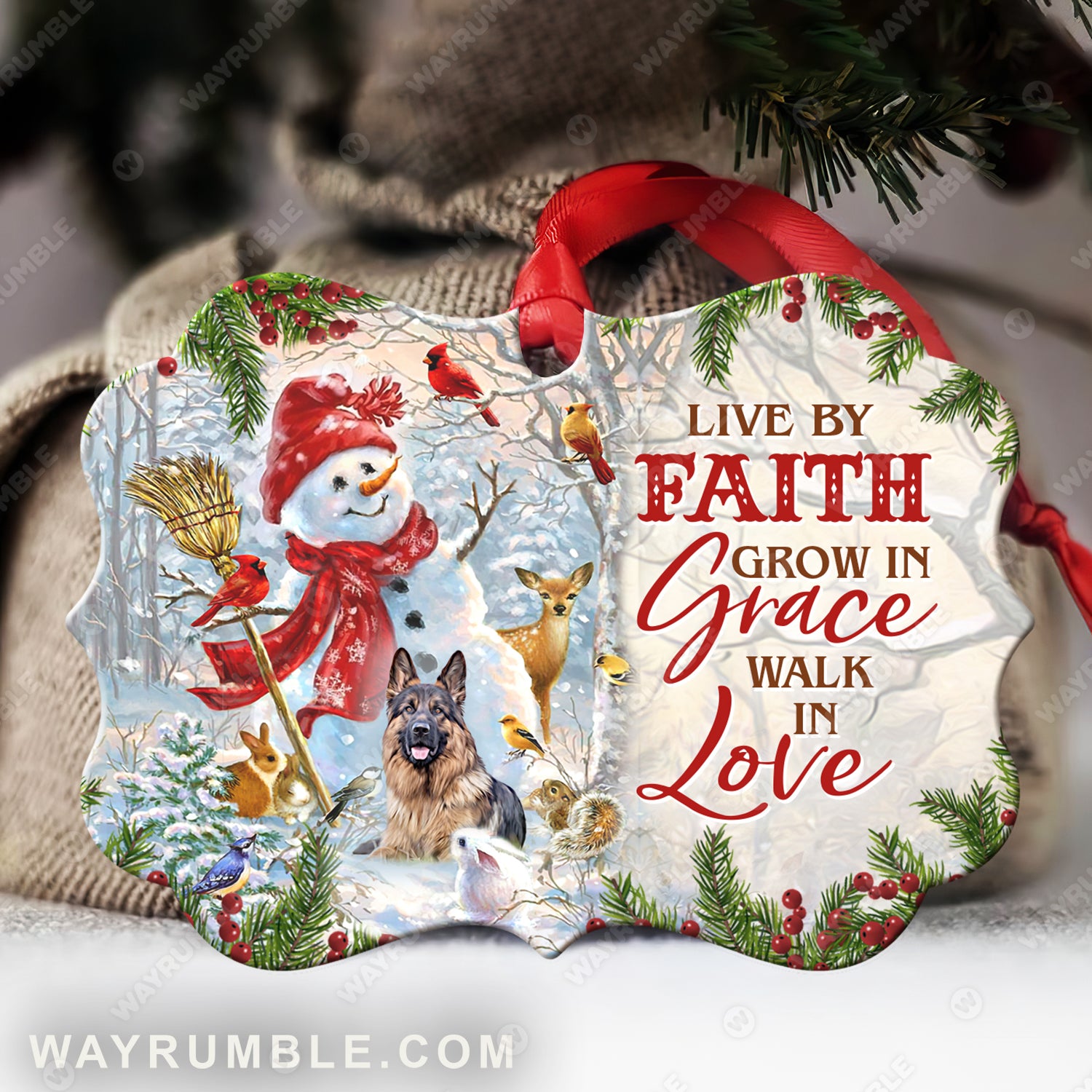 Cute snowman, German shepherd dog, Red cardinal, Live by faith grow in grace walk in love - Jesus, Christmas Aluminum Ornament