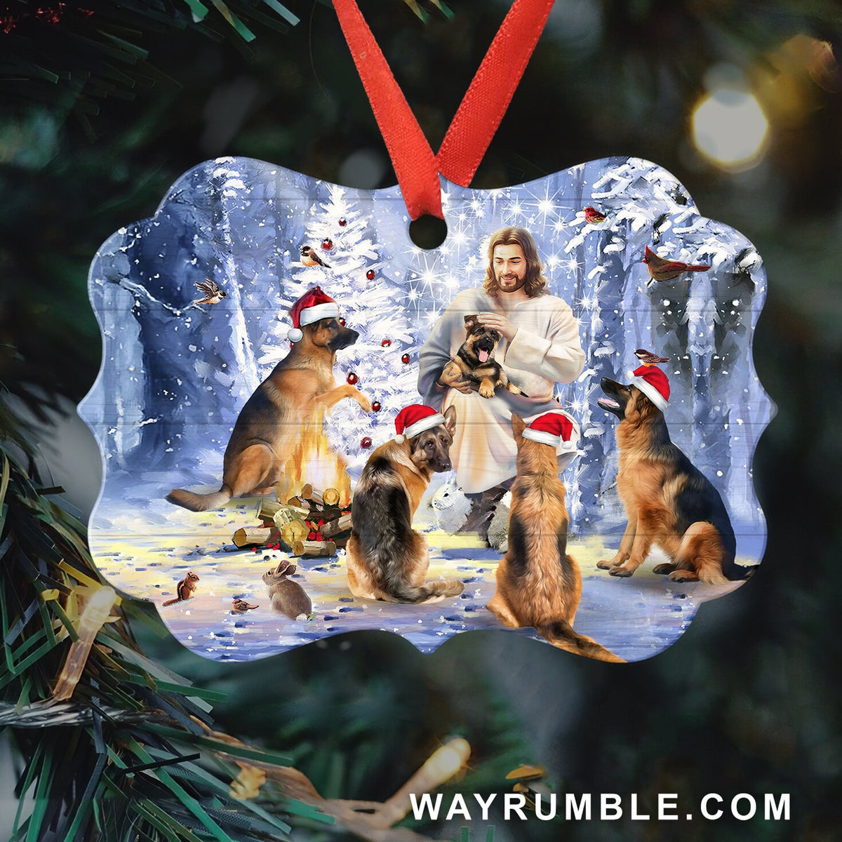 Jesus painting, German shepherd dog, Winter forest - Jesus, Christmas Aluminum Ornament