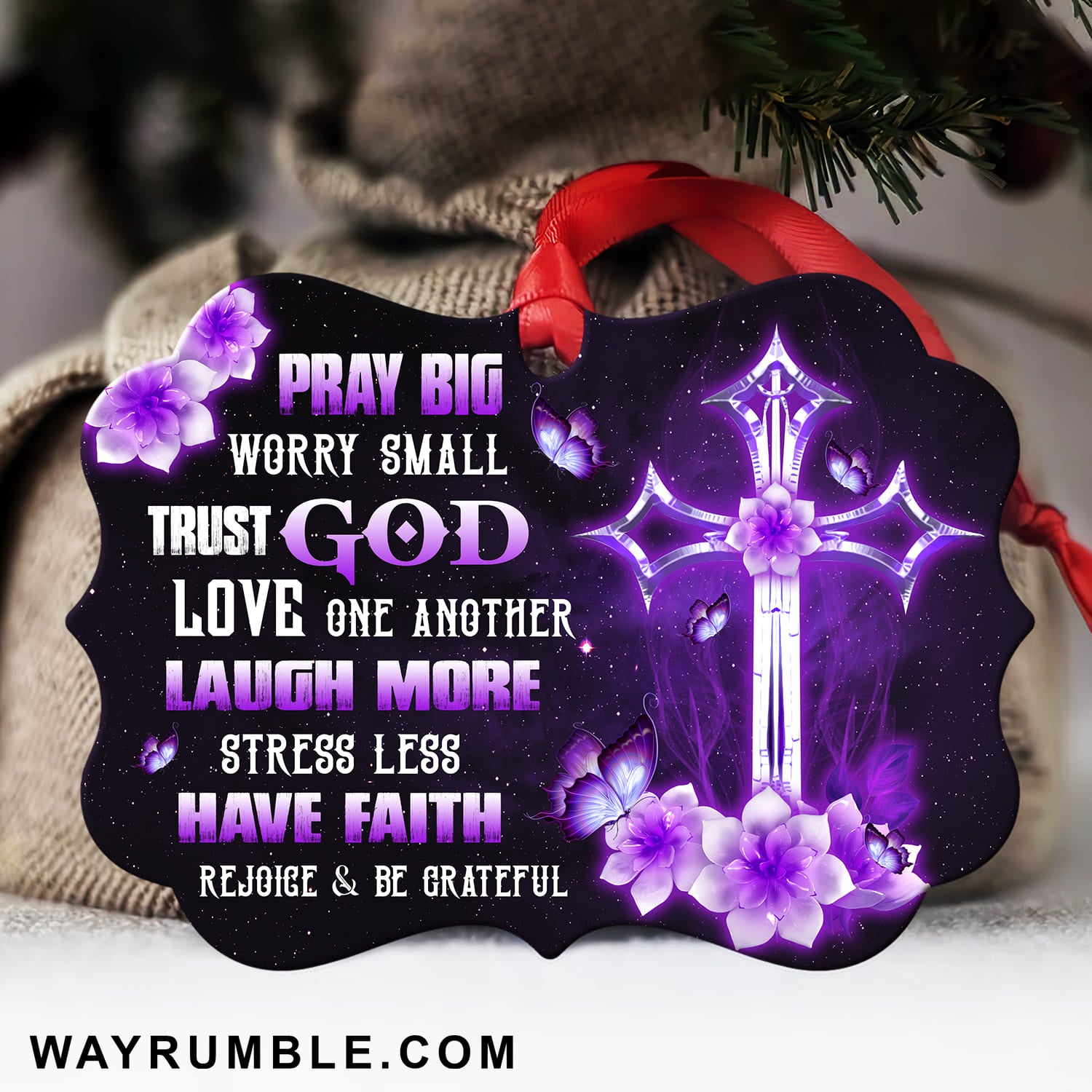 Crystal flower, Purple butterfly, Cross symbol, Pray big worry small trust God - Jesus Aluminum Ornament