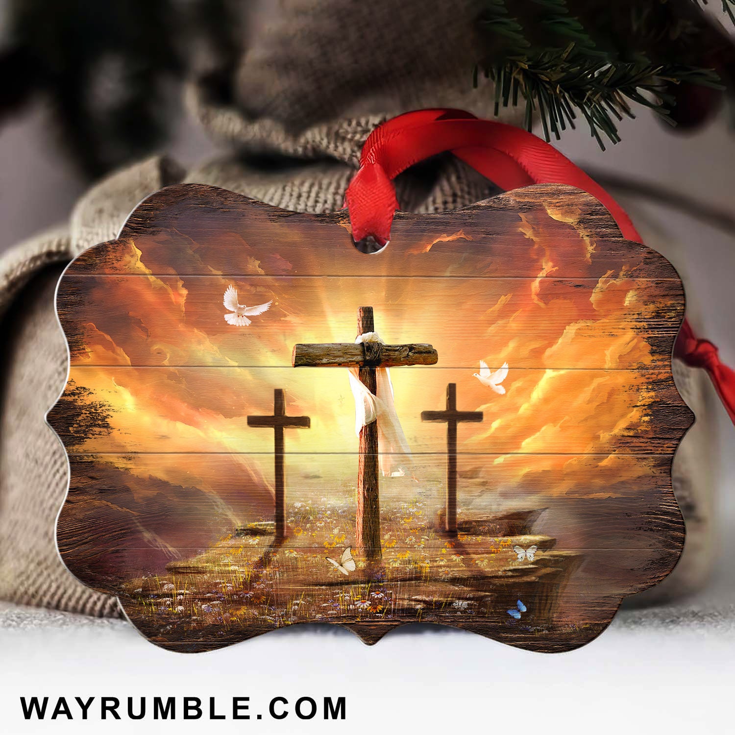 Sunset painting, Path to heaven, The three crosses - Jesus Aluminum Ornament