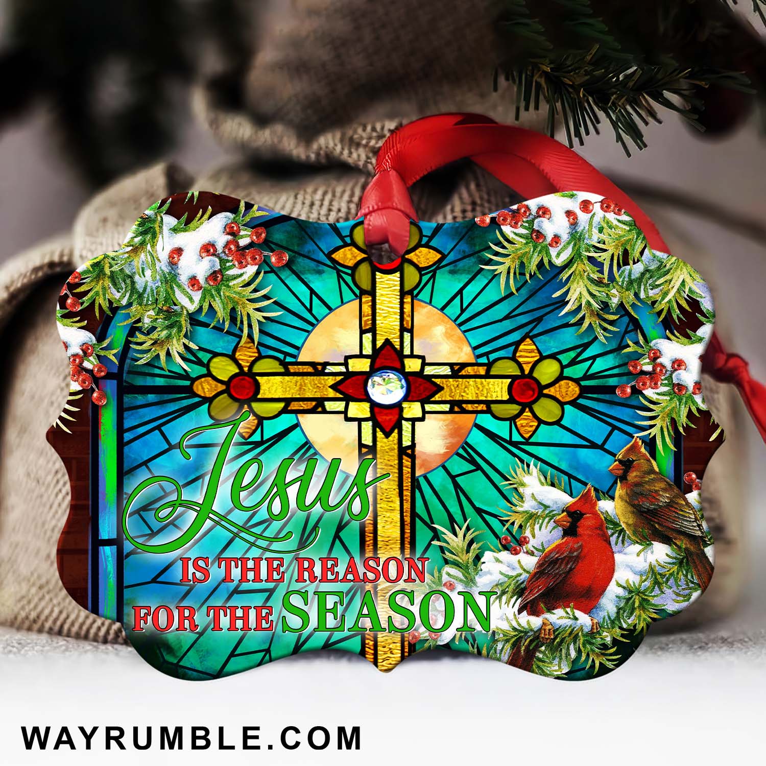 Jesus, Cardinal, Stained glass cross - Jesus is the reason for the season Aluminum Ornament