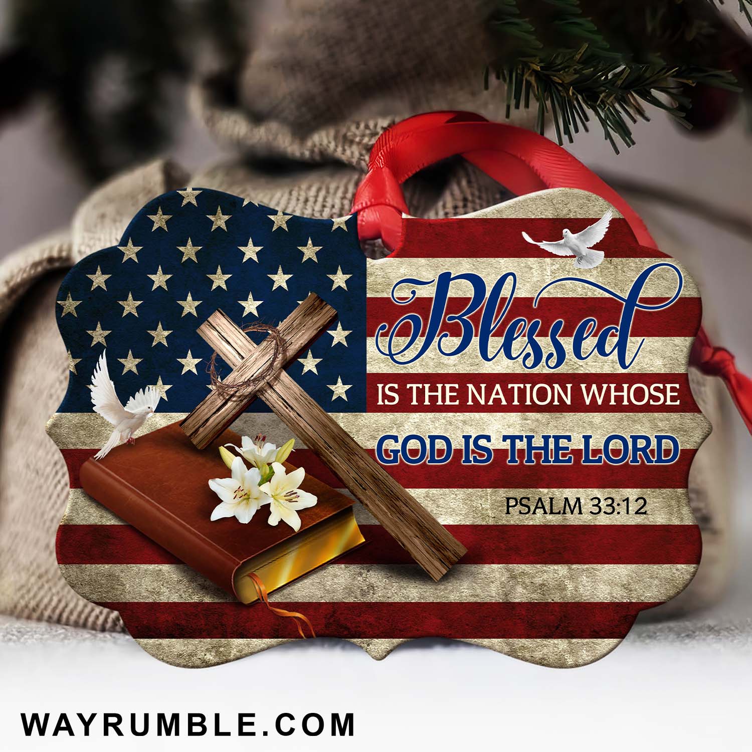 Jesus - US flag - Blessed is the nation whose God is the Lord - Aluminum Ornament