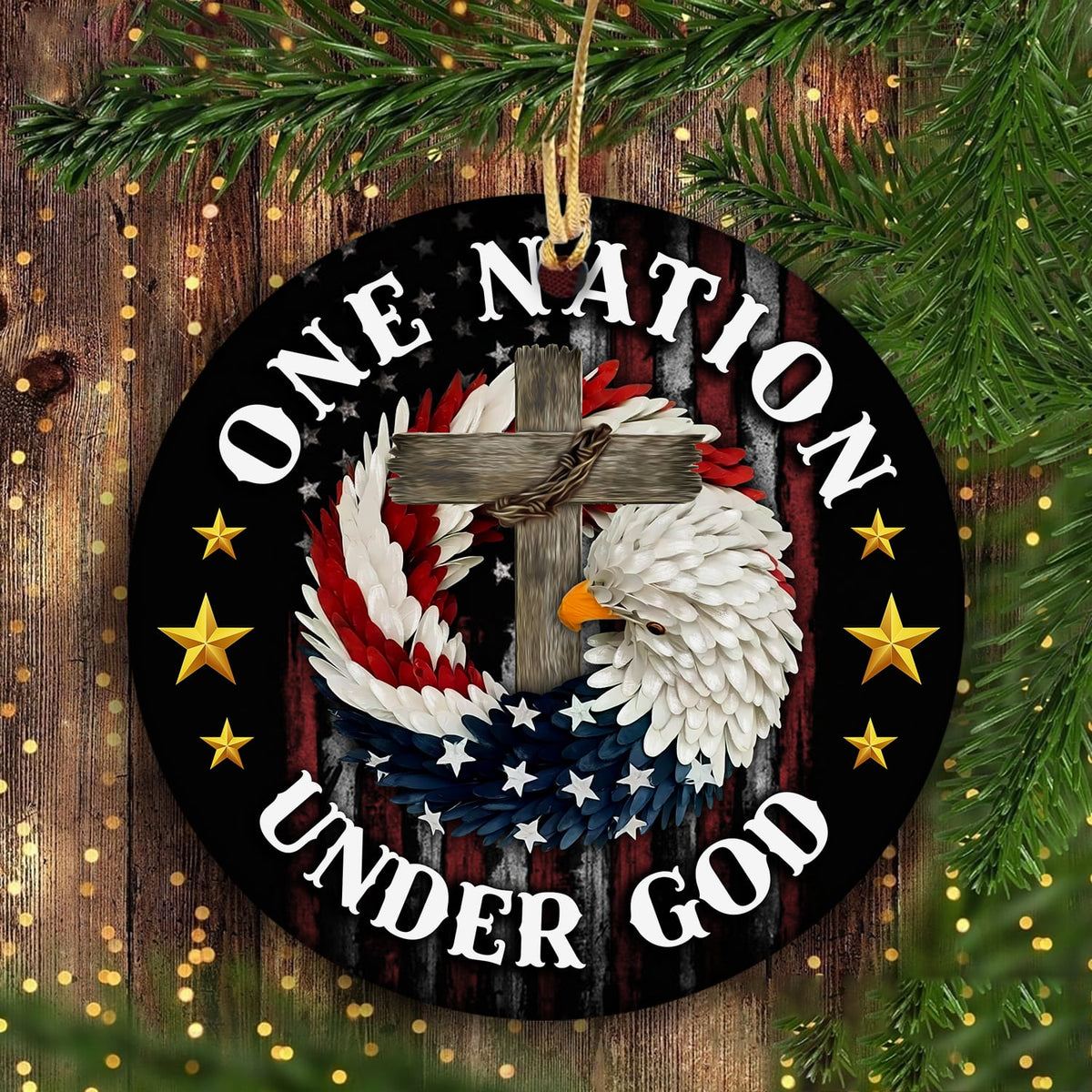 Jesus, Eagle, Cross, America - One nation under God Circle Ceramic Ornament