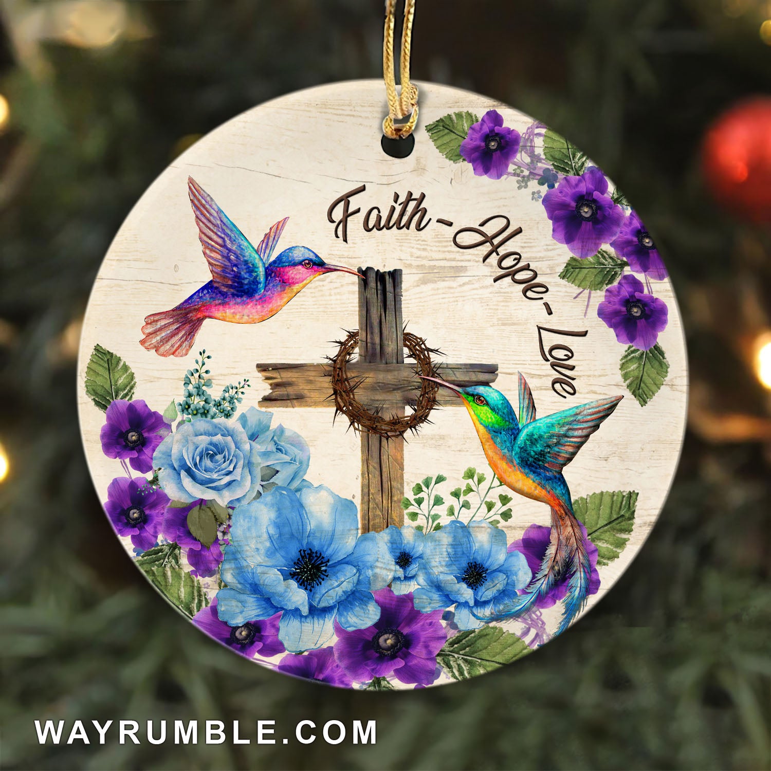 Jesus - Hummingbird and the wooden cross - Faith Love Hope - Circle Ceramic Ornament
