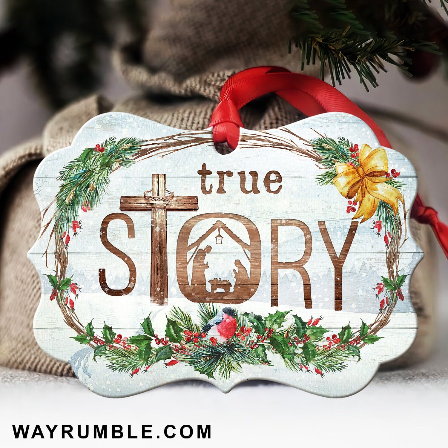 Christmas night, Beautiful Christmas wreath, Wooden cross, True story - Jesus Aluminum Ornament