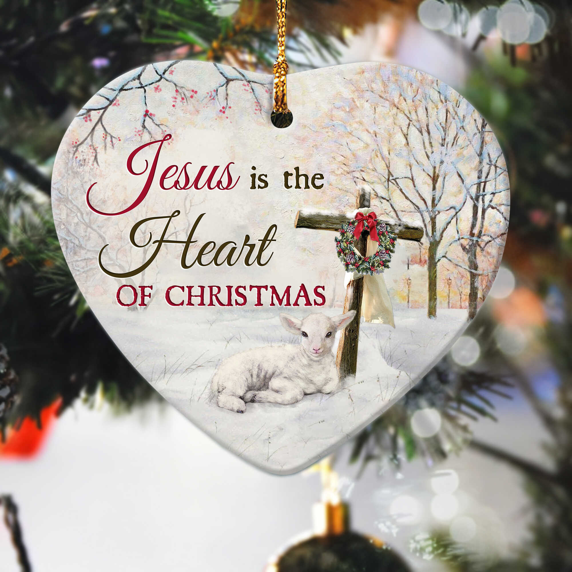 Jesus, Christmas ornament, Lamb of God - Jesus is the heart of Christmas Ceramic Heart Ornament