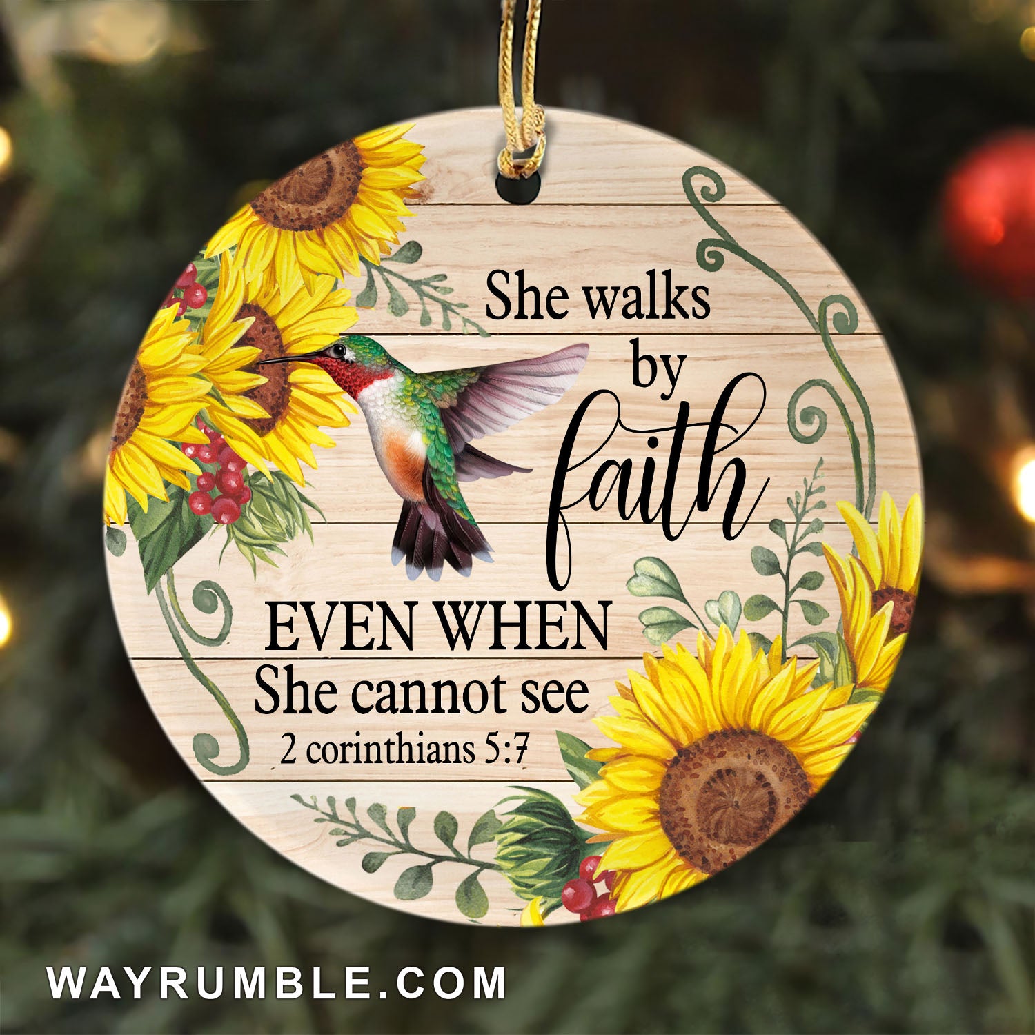 Hummingbird, Sunflower, She walks by faith - Jesus Circle Ceramic Ornament