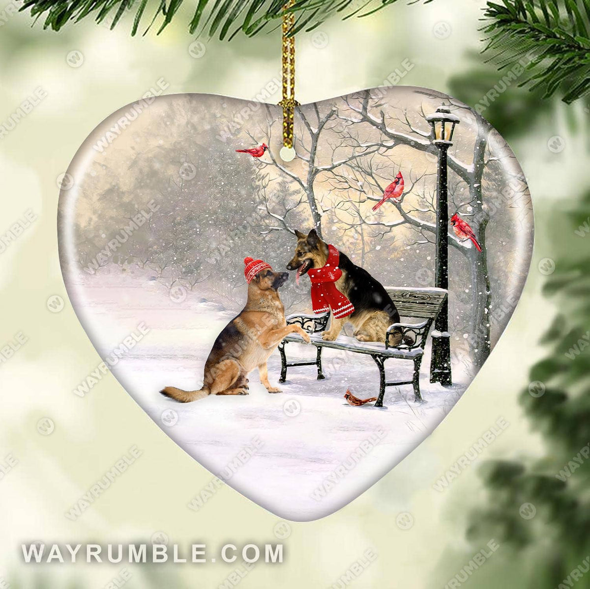German Shepherd, Winter park, On a date - Christmas Ceramic Heart Ornament